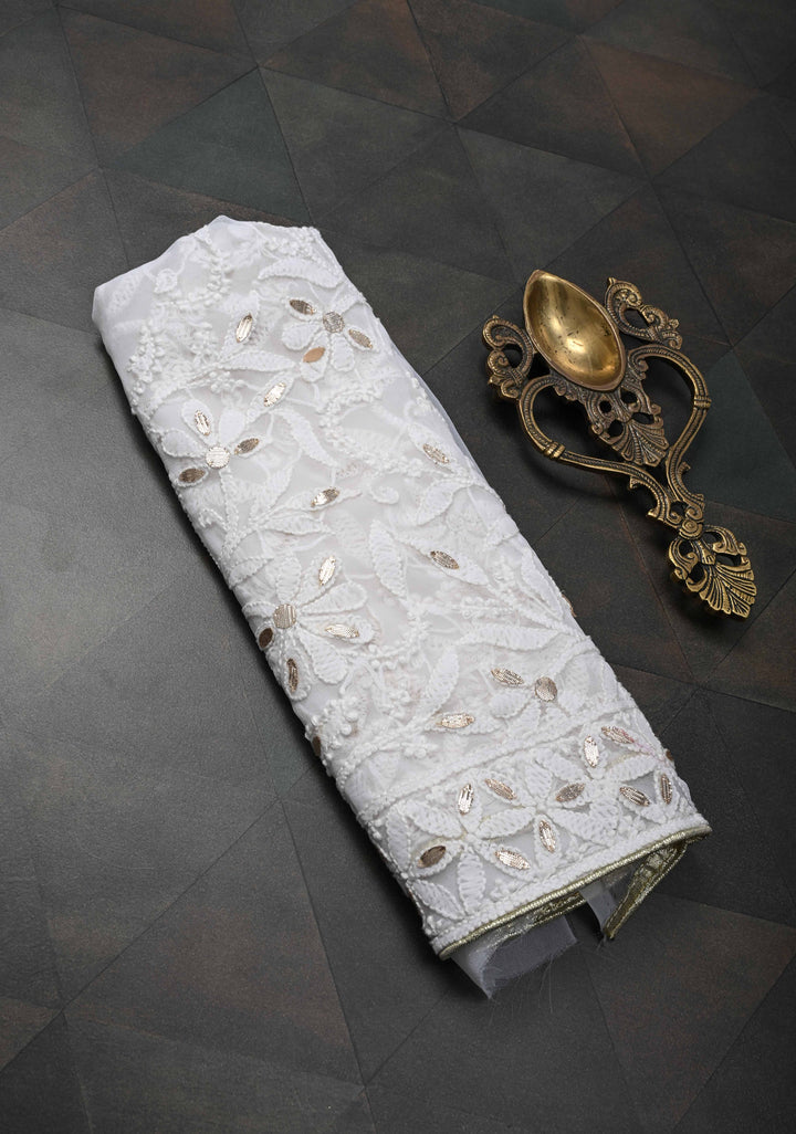 Authentic White Hand Chikankari on Georgette Saree with Floral Jaal and Mukiesh Work