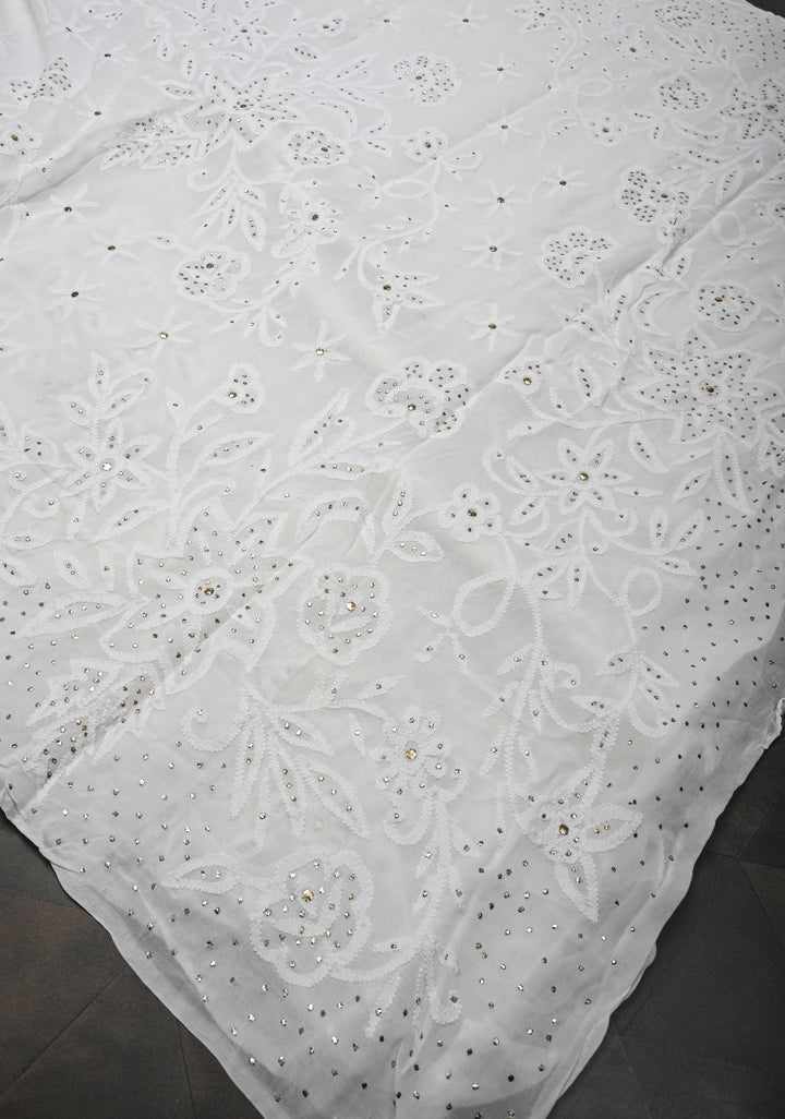 Authentic White Hand Chikankari on Georgette Saree with Floral Jaal and Mukiesh Work