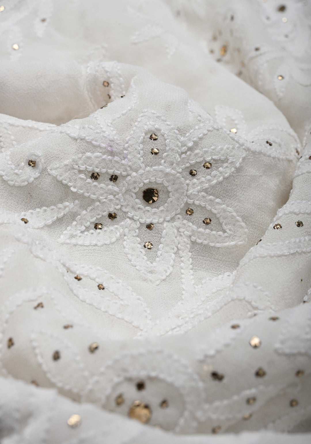 Authentic White Hand Chikankari on Georgette Saree with Floral Jaal and Mukiesh Work
