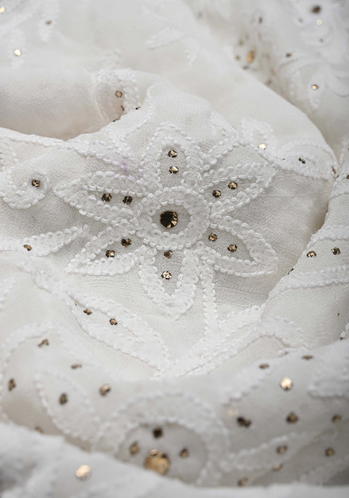 Authentic White Hand Chikankari on Georgette Saree with Floral Jaal and Mukiesh Work