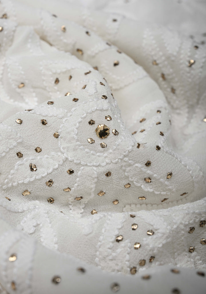 Authentic White Hand Chikankari on Georgette Saree with Floral Jaal and Mukiesh Work