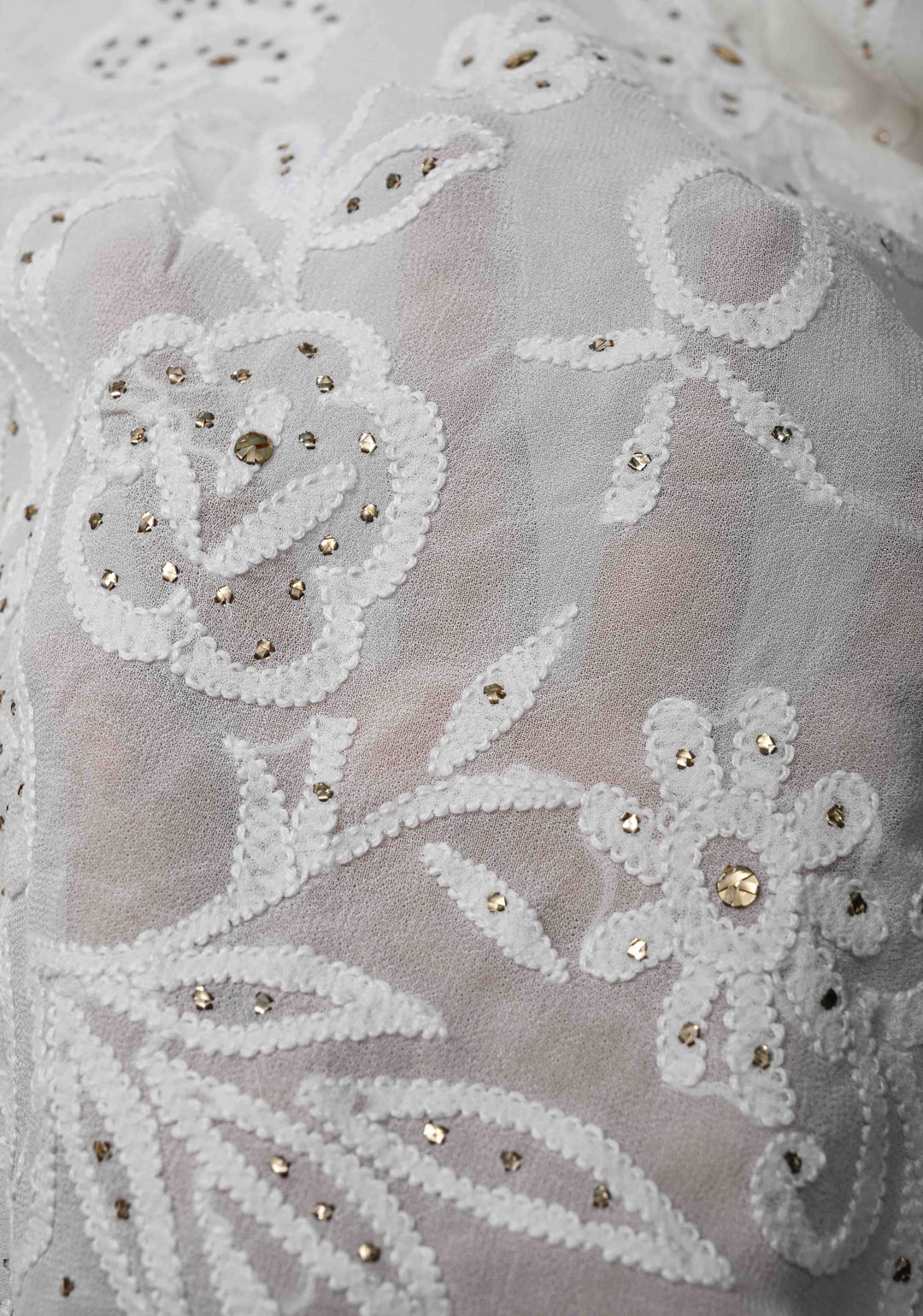 Authentic White Hand Chikankari on Georgette Saree with Floral Jaal and Mukiesh Work
