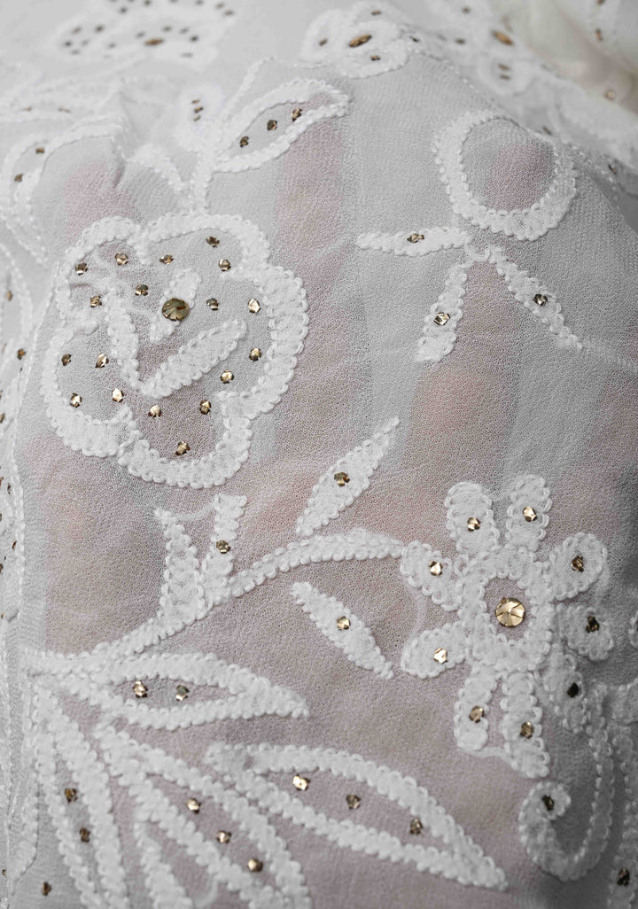 Authentic White Hand Chikankari on Georgette Saree with Floral Jaal and Mukiesh Work