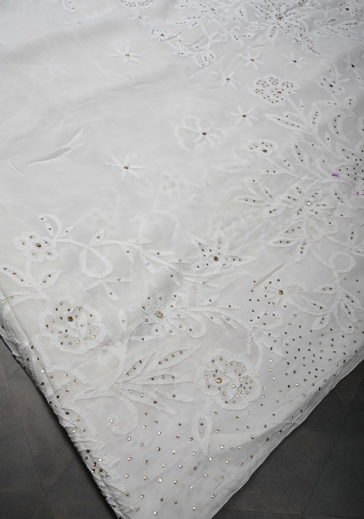 Authentic White Hand Chikankari on Georgette Saree with Floral Jaal and Mukiesh Work