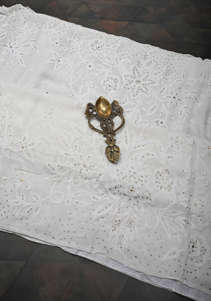 Authentic White Hand Chikankari on Georgette Saree with Floral Jaal and Mukiesh Work
