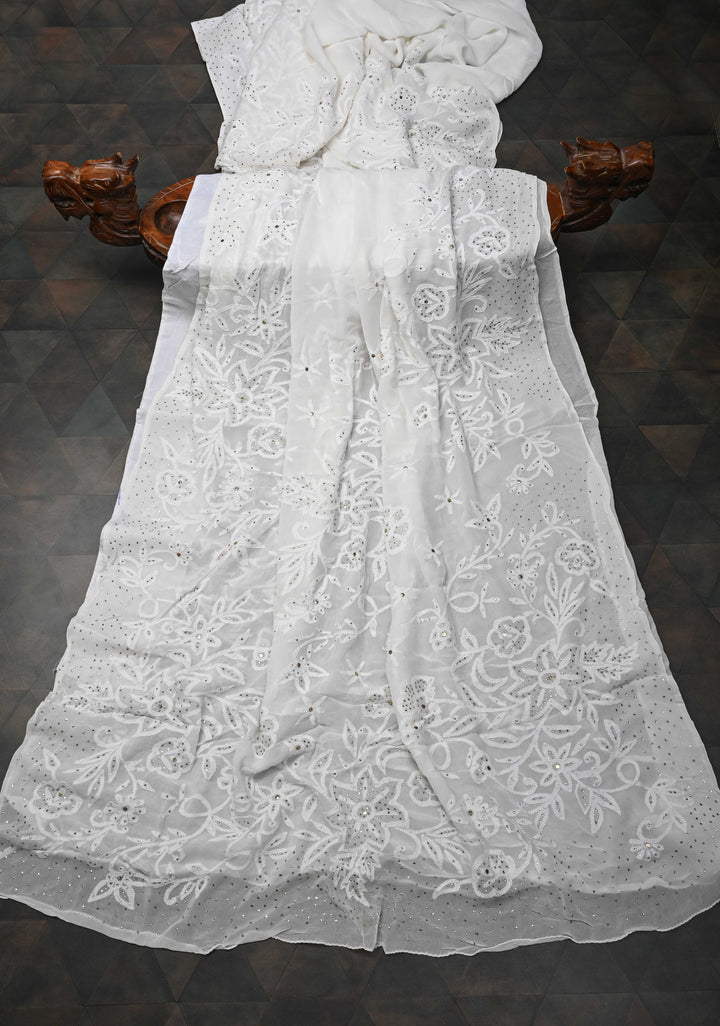 Authentic White Hand Chikankari on Georgette Saree with Floral Jaal and Mukiesh Work