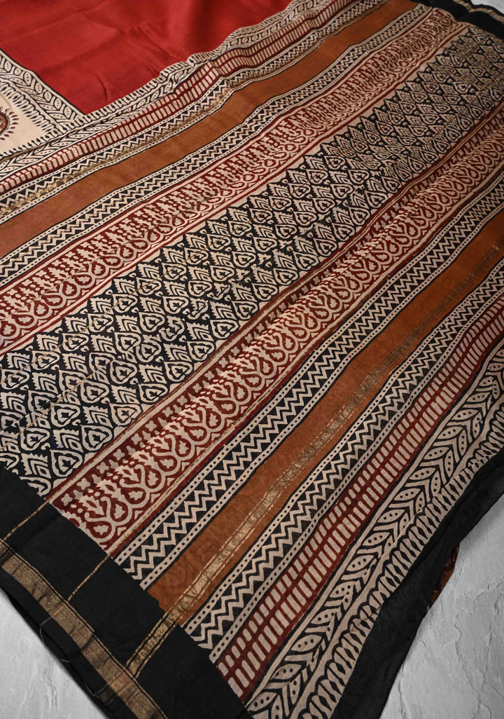 Maroon Chanderi Silk Cotton Saree with Paisley Panel Design and Minimal Zari Border