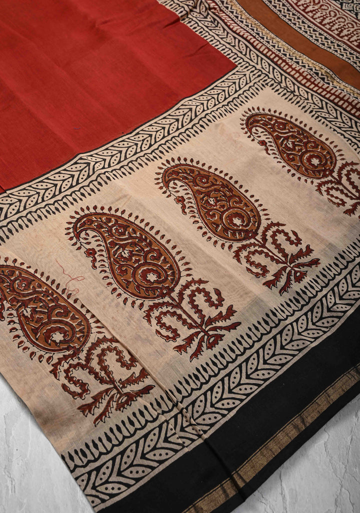 Maroon Chanderi Silk Cotton Saree with Paisley Panel Design and Minimal Zari Border