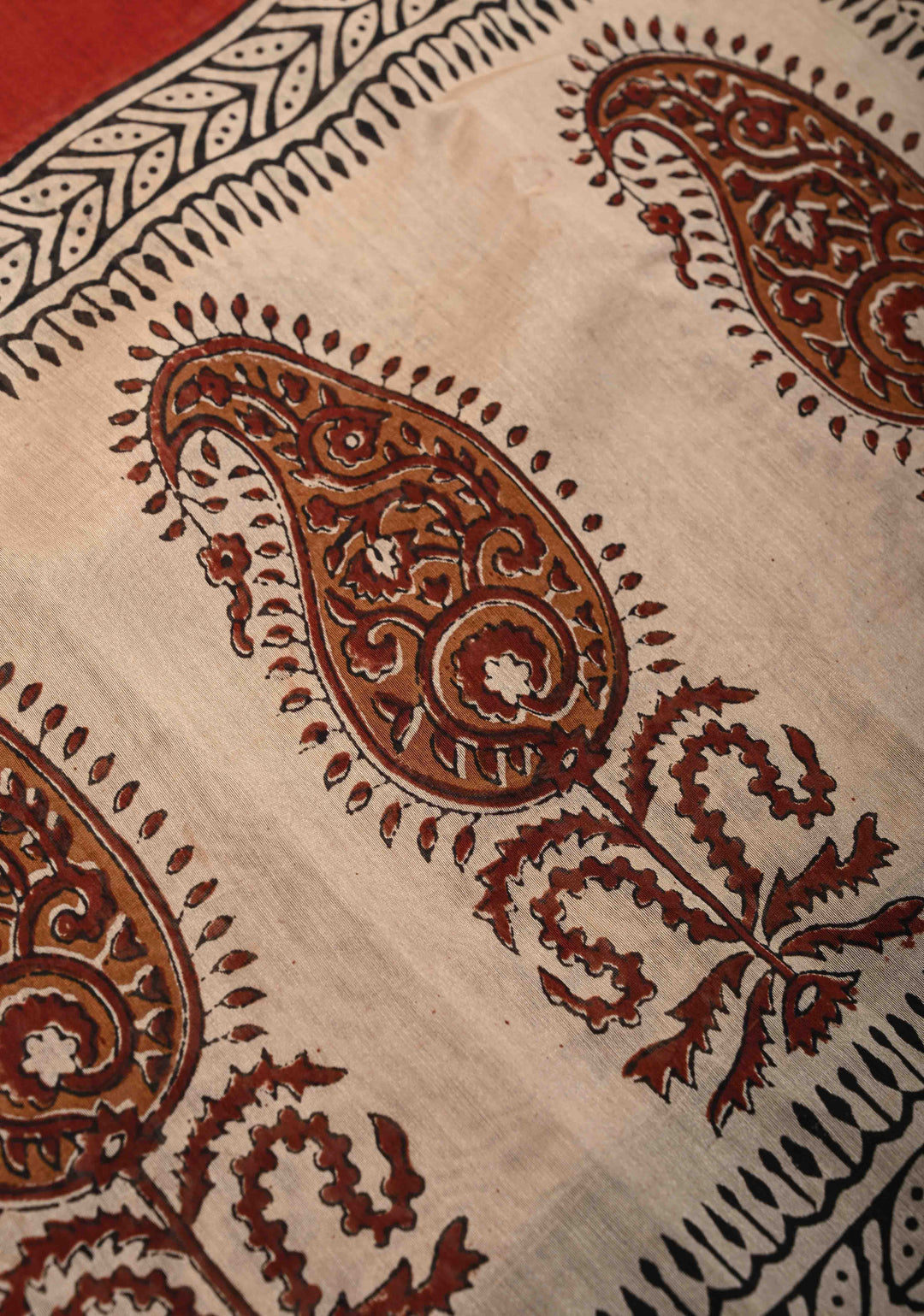 Maroon Chanderi Silk Cotton Saree with Paisley Panel Design and Minimal Zari Border