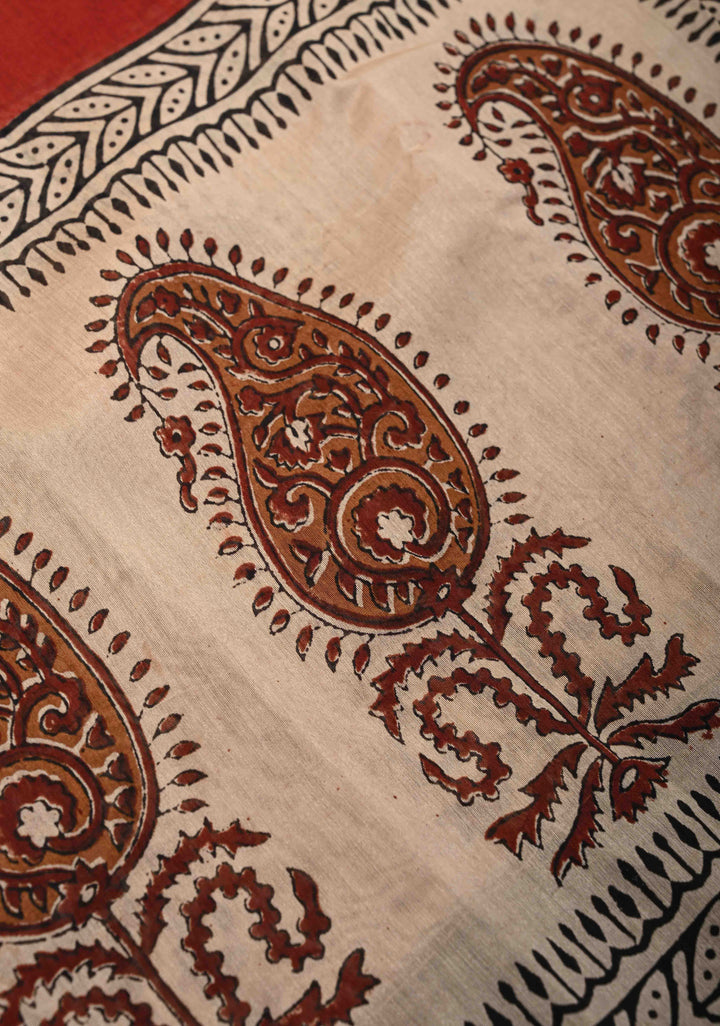 Maroon Chanderi Silk Cotton Saree with Paisley Panel Design and Minimal Zari Border