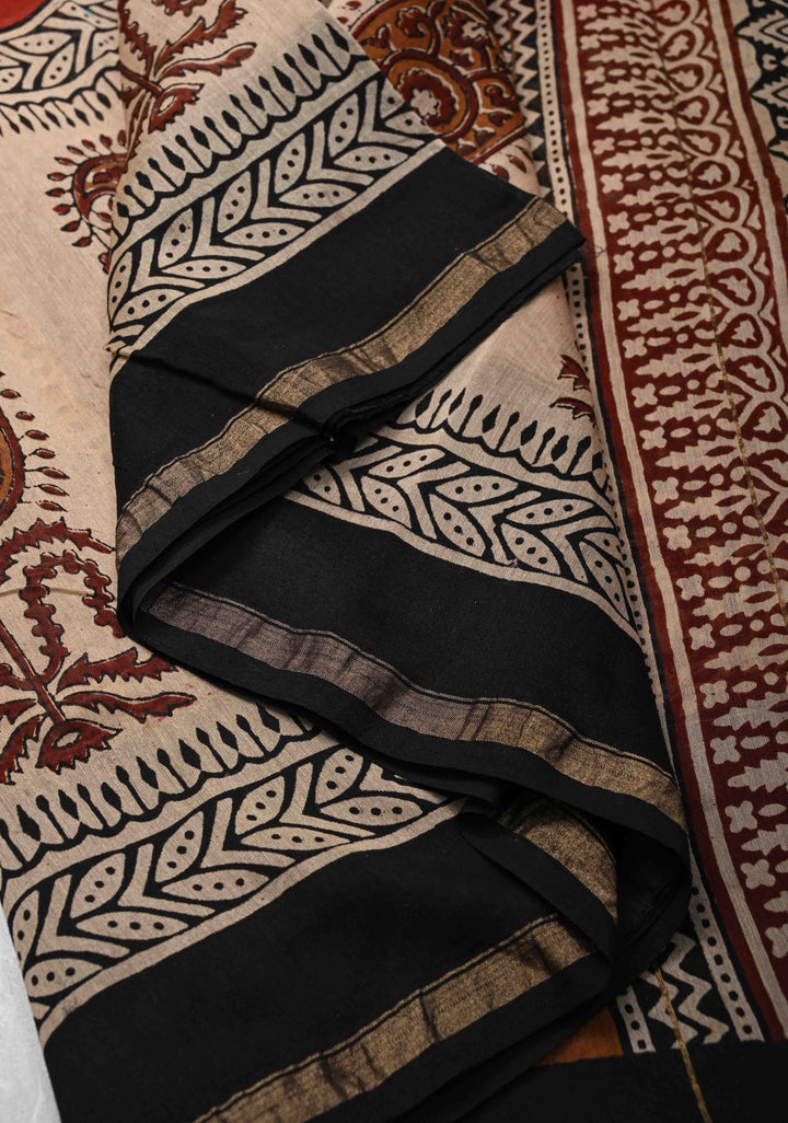 Maroon Chanderi Silk Cotton Saree with Paisley Panel Design and Minimal Zari Border