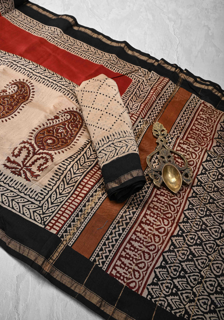 Maroon Chanderi Silk Cotton Saree with Paisley Panel Design and Minimal Zari Border