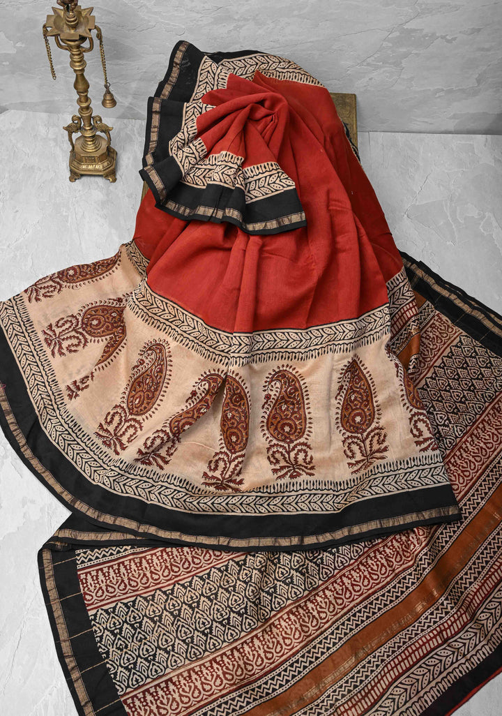 Maroon Chanderi Silk Cotton Saree with Paisley Panel Design and Minimal Zari Border