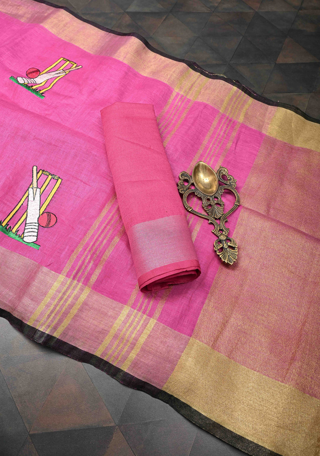 Pre Order Pink Pure Linen by Linen Saree with Cricket Set Embroidery and Zari Border