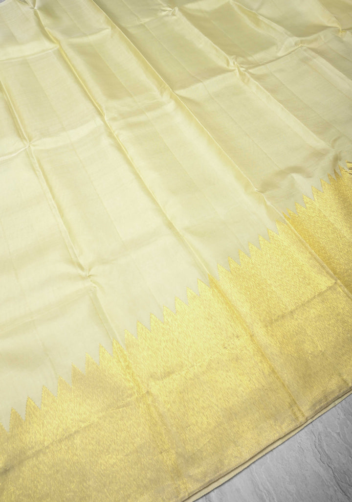 Off White and Gold Tissue 2 side Rising Border on Kanjivaram Pure Silk Saree | SILK MARK CERTIFIED