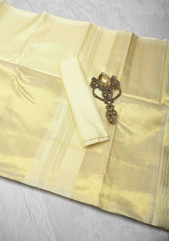 Off White and Gold Tissue 2 side Rising Border on Kanjivaram Pure Silk Saree | SILK MARK CERTIFIED