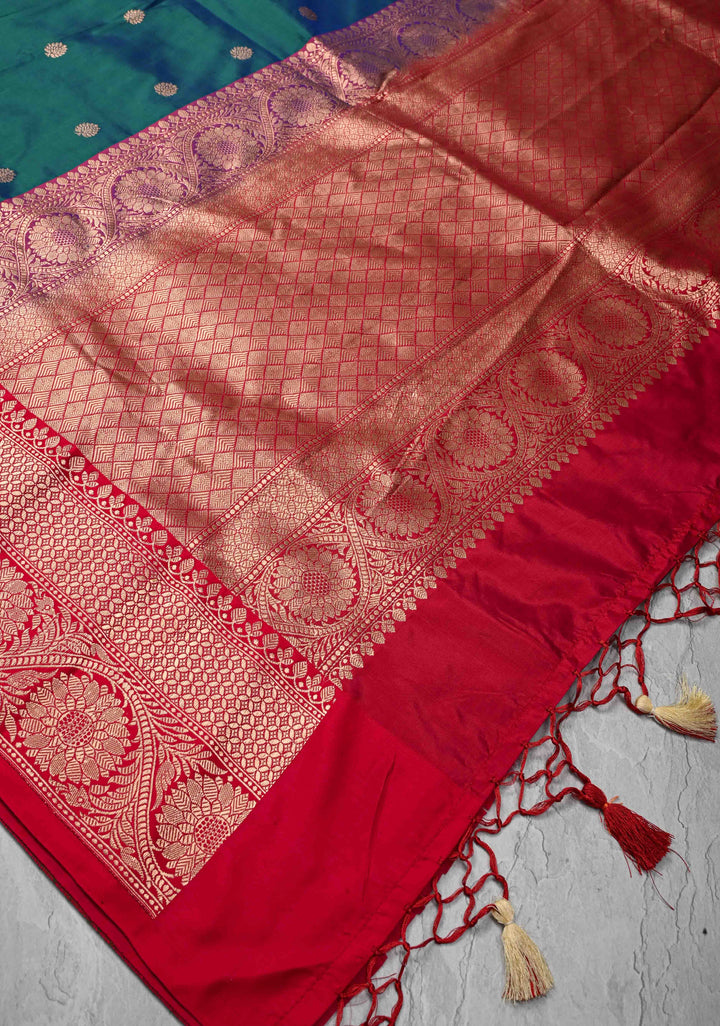 Peacock Blue and  Green Dual Tone Banarasi Katan Silk Saree with Zari Buttas and Contrast Zari Border | SILK MARK CERTIFIED