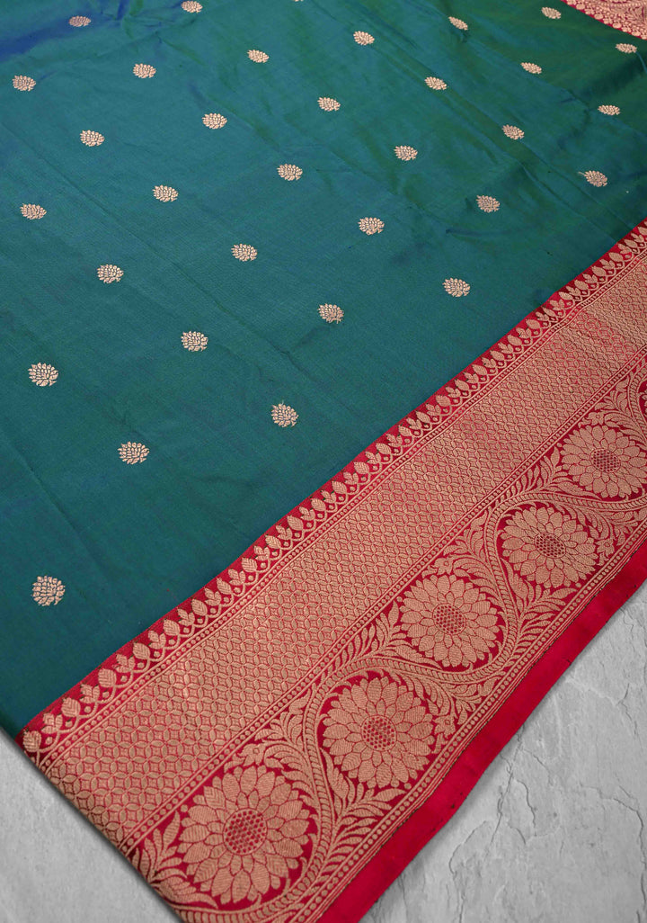 Peacock Blue and  Green Dual Tone Banarasi Katan Silk Saree with Zari Buttas and Contrast Zari Border | SILK MARK CERTIFIED