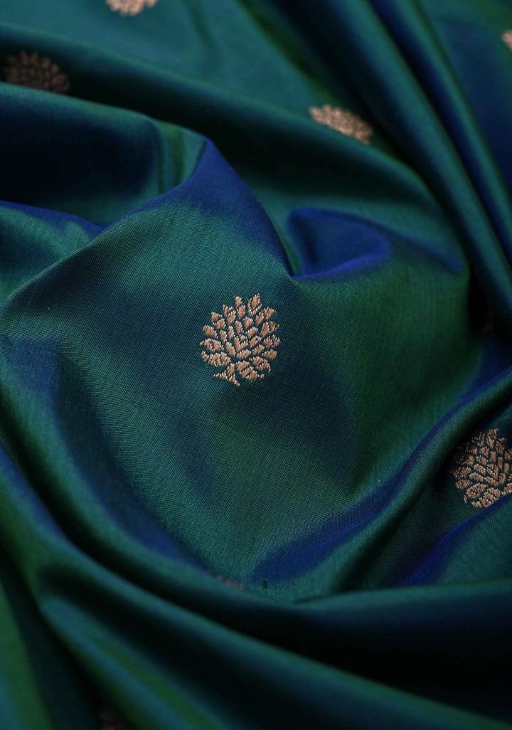 Peacock Blue and  Green Dual Tone Banarasi Katan Silk Saree with Zari Buttas and Contrast Zari Border | SILK MARK CERTIFIED
