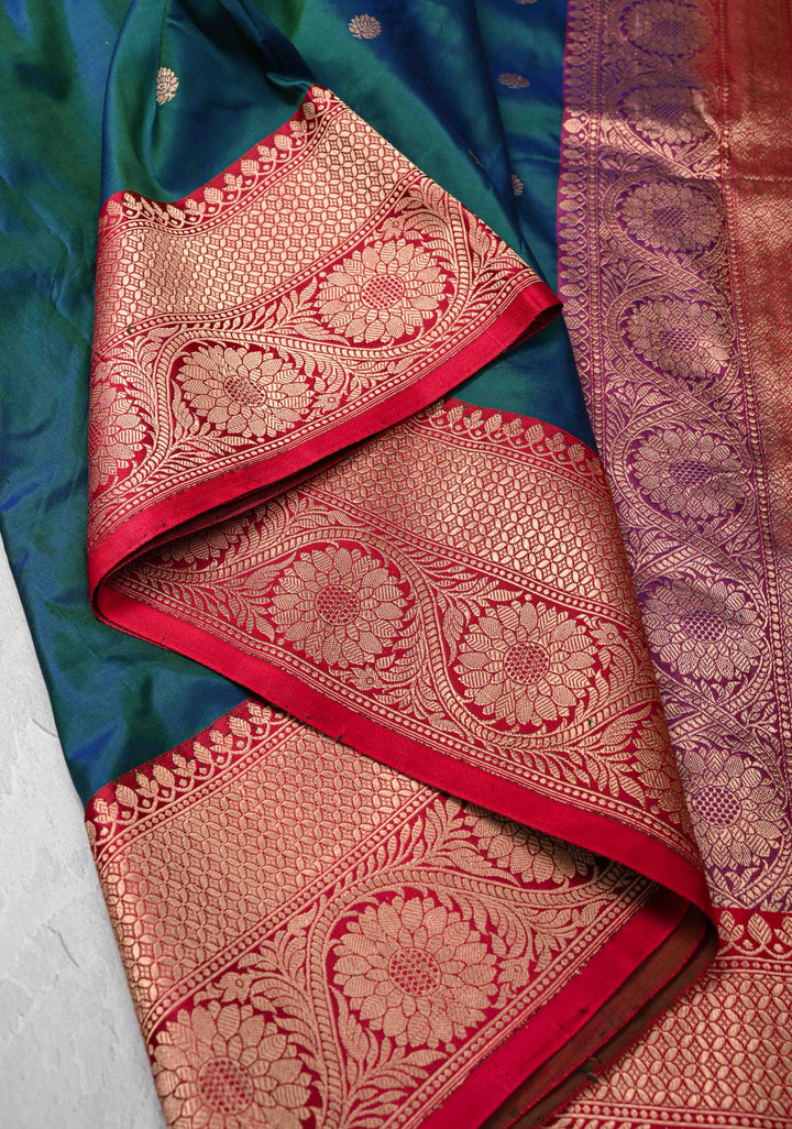 Peacock Blue and  Green Dual Tone Banarasi Katan Silk Saree with Zari Buttas and Contrast Zari Border | SILK MARK CERTIFIED