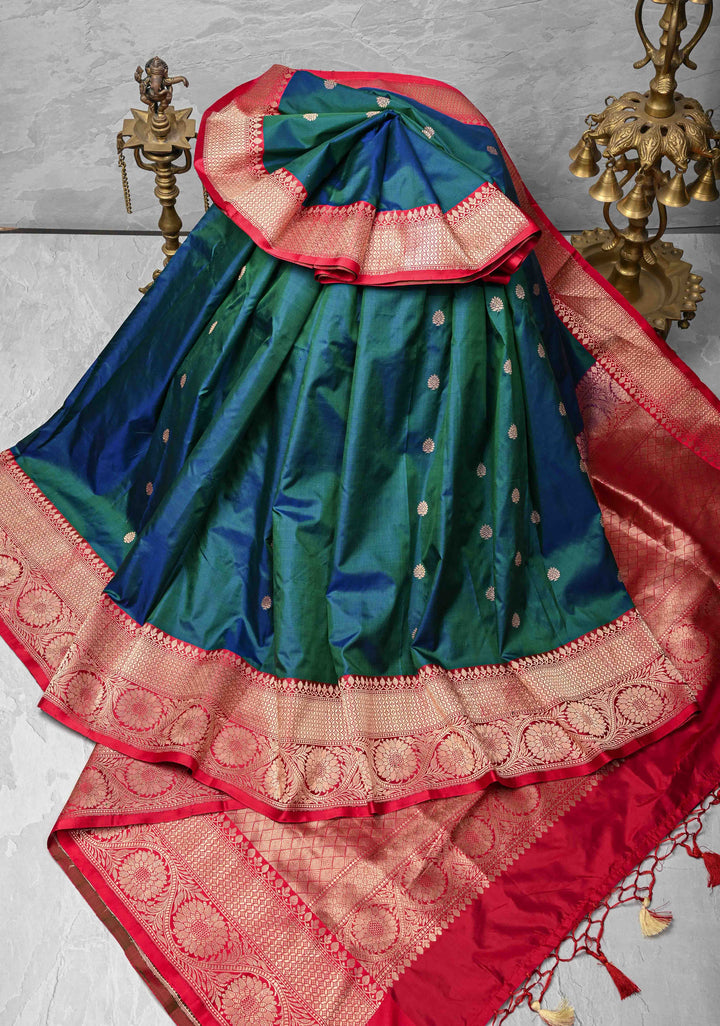 Peacock Blue and  Green Dual Tone Banarasi Katan Silk Saree with Zari Buttas and Contrast Zari Border | SILK MARK CERTIFIED
