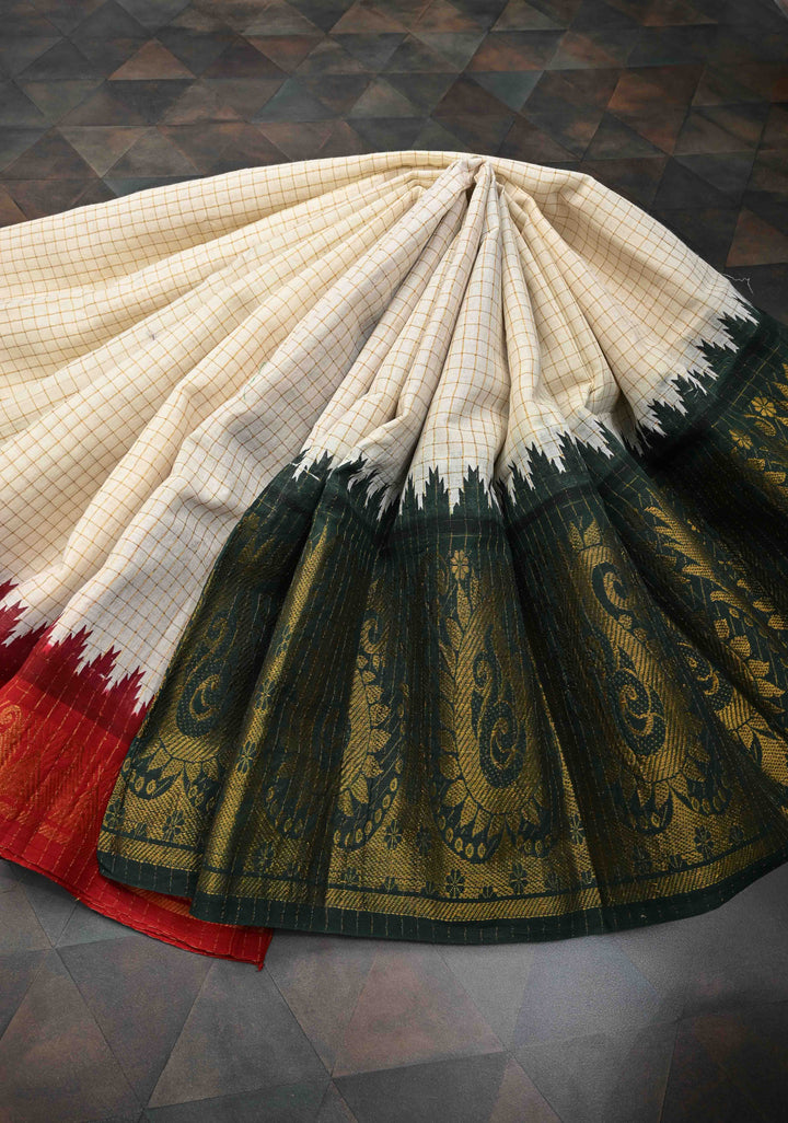 Madurai Cotton Saree in Off White with Zari Checks and Ganga Jamuna borders, No Blouse Piece