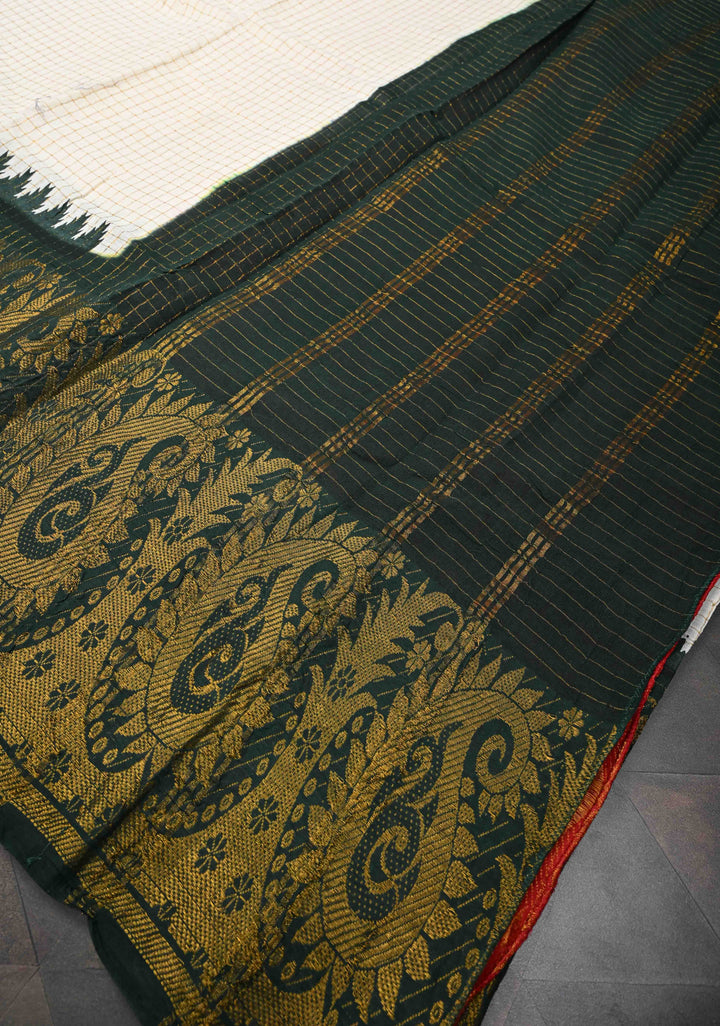 Madurai Cotton Saree in Off White with Zari Checks and Ganga Jamuna borders, No Blouse Piece