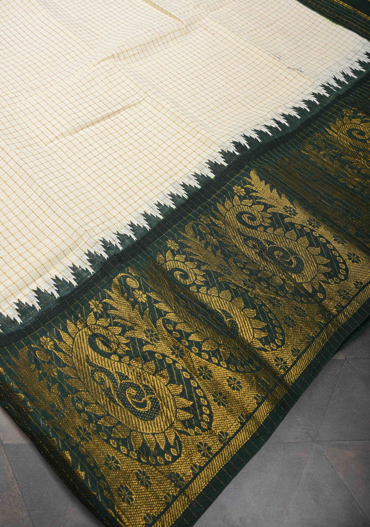 Madurai Cotton Saree in Off White with Zari Checks and Ganga Jamuna borders, No Blouse Piece