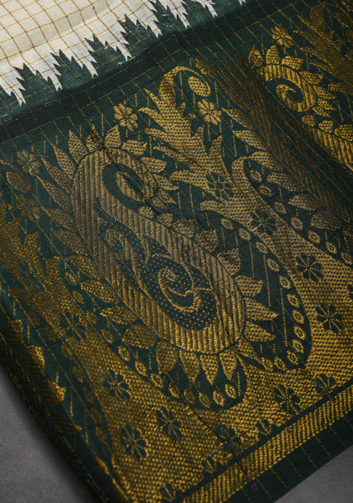 Madurai Cotton Saree in Off White with Zari Checks and Ganga Jamuna borders, No Blouse Piece