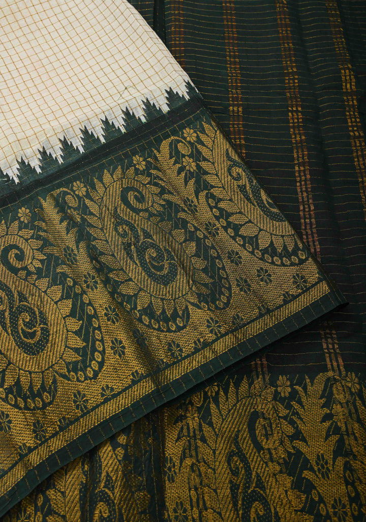 Madurai Cotton Saree in Off White with Zari Checks and Ganga Jamuna borders, No Blouse Piece