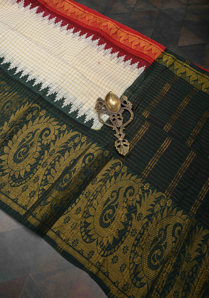 Madurai Cotton Saree in Off White with Zari Checks and Ganga Jamuna borders, No Blouse Piece