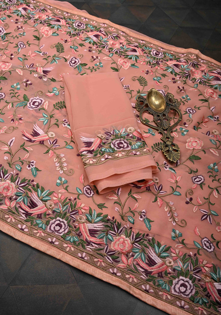 Salmon Pink Parsi Gara Design Machine Embroidery on Georgette Saree