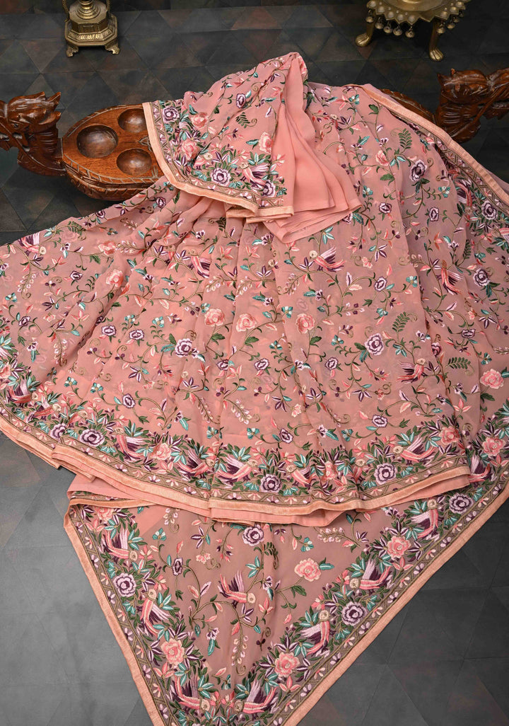 Salmon Pink Parsi Gara Design Machine Embroidery on Georgette Saree
