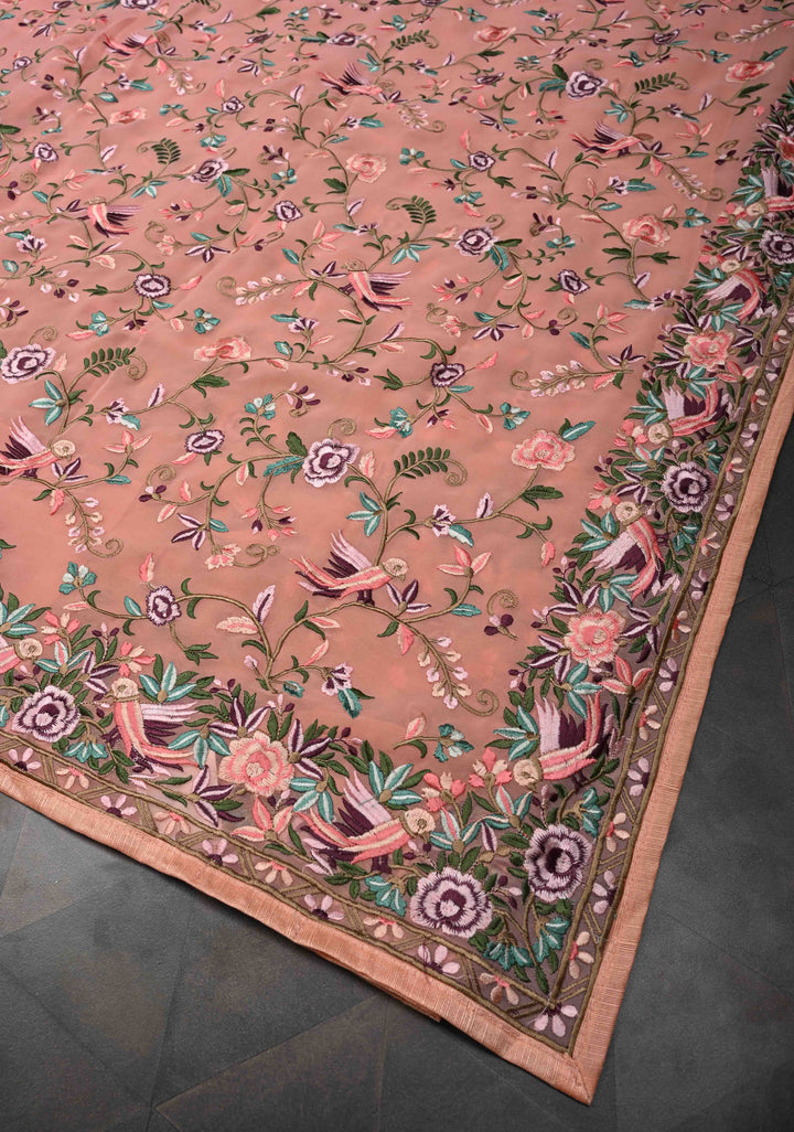 Salmon Pink Parsi Gara Design Machine Embroidery on Georgette Saree
