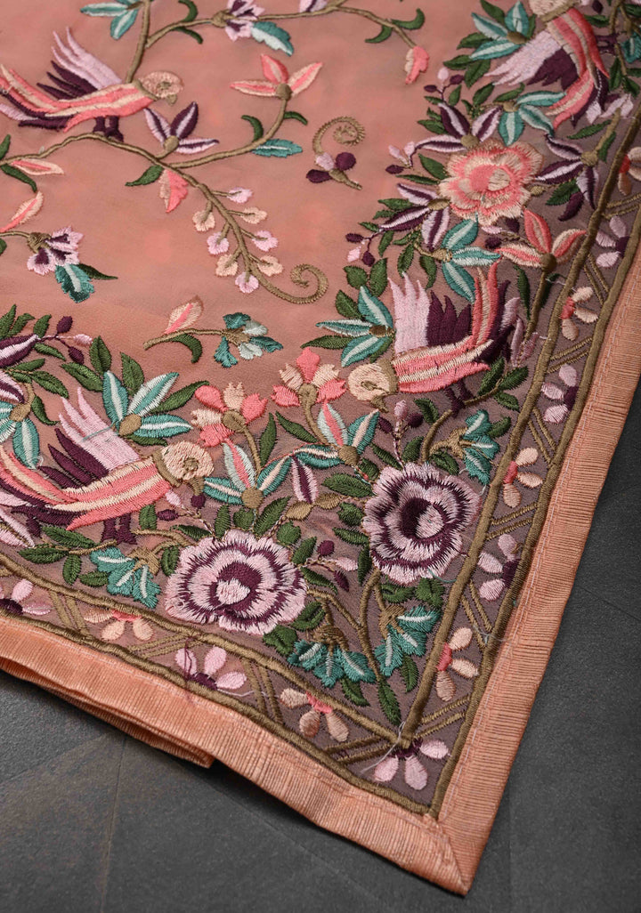 Salmon Pink Parsi Gara Design Machine Embroidery on Georgette Saree