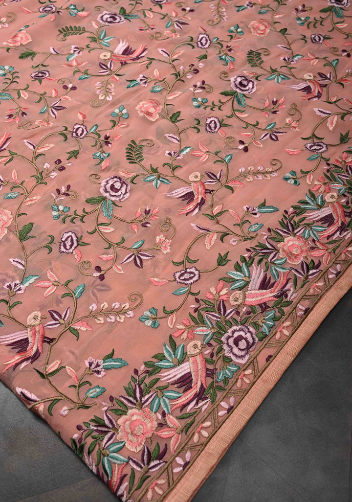 Salmon Pink Parsi Gara Design Machine Embroidery on Georgette Saree