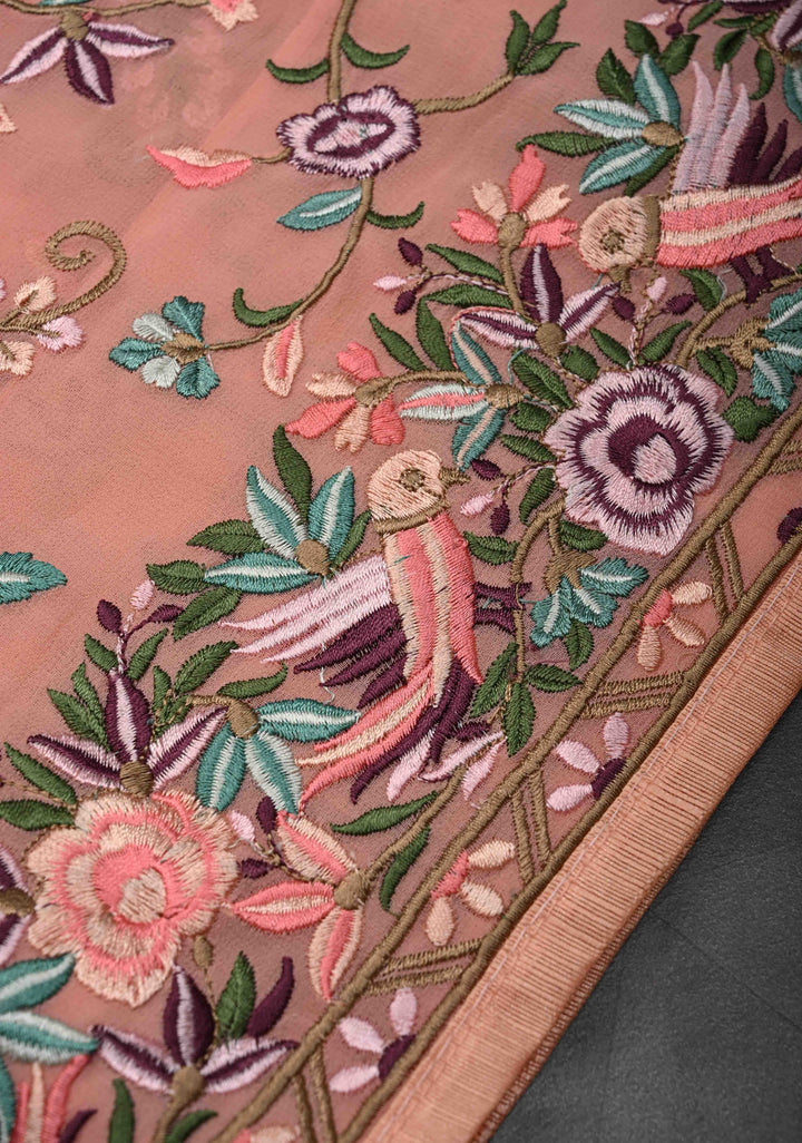 Salmon Pink Parsi Gara Design Machine Embroidery on Georgette Saree