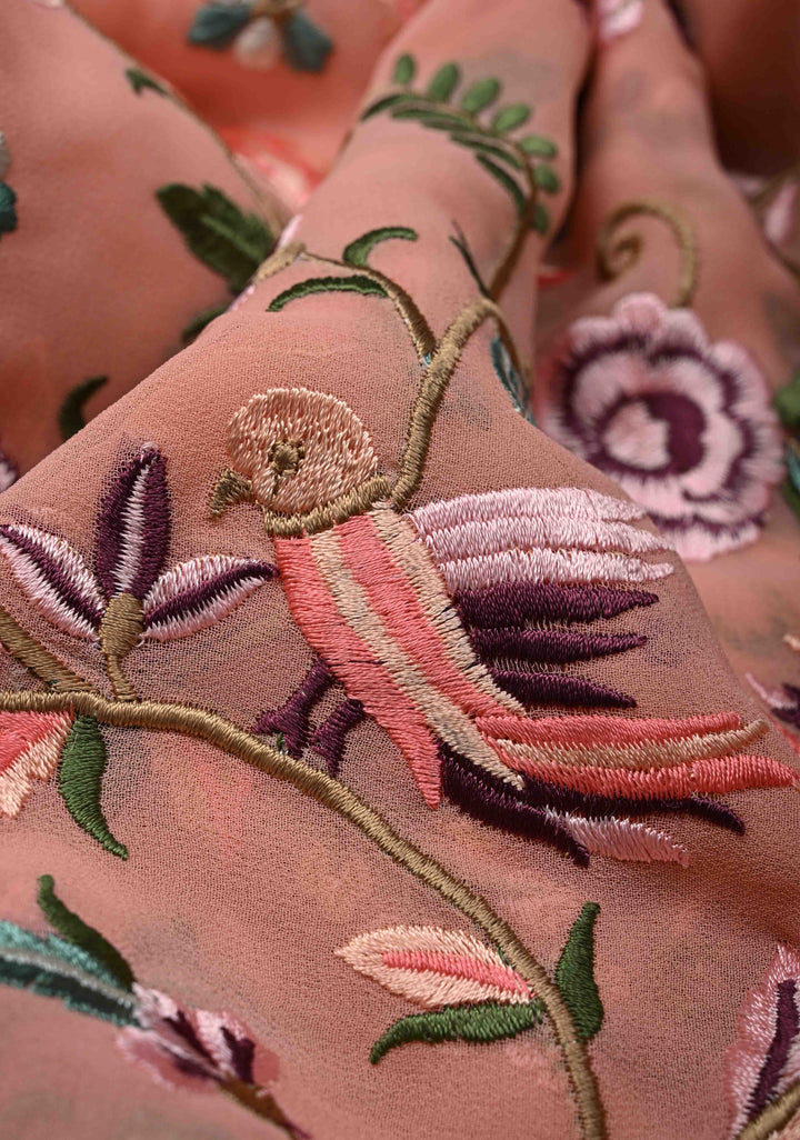 Salmon Pink Parsi Gara Design Machine Embroidery on Georgette Saree