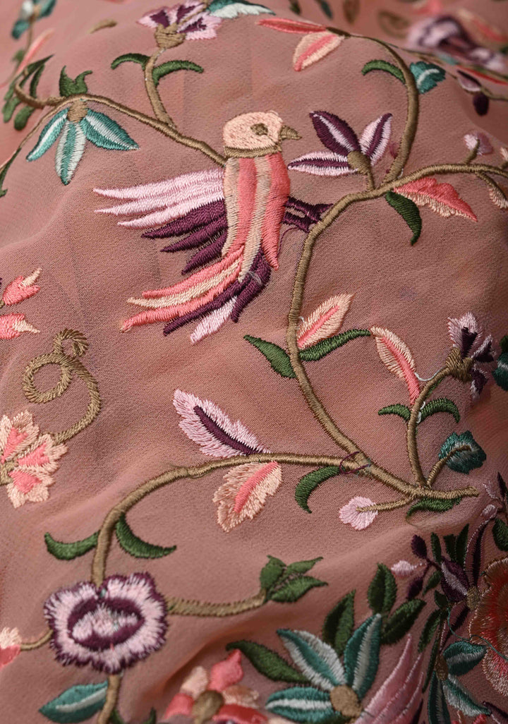 Salmon Pink Parsi Gara Design Machine Embroidery on Georgette Saree