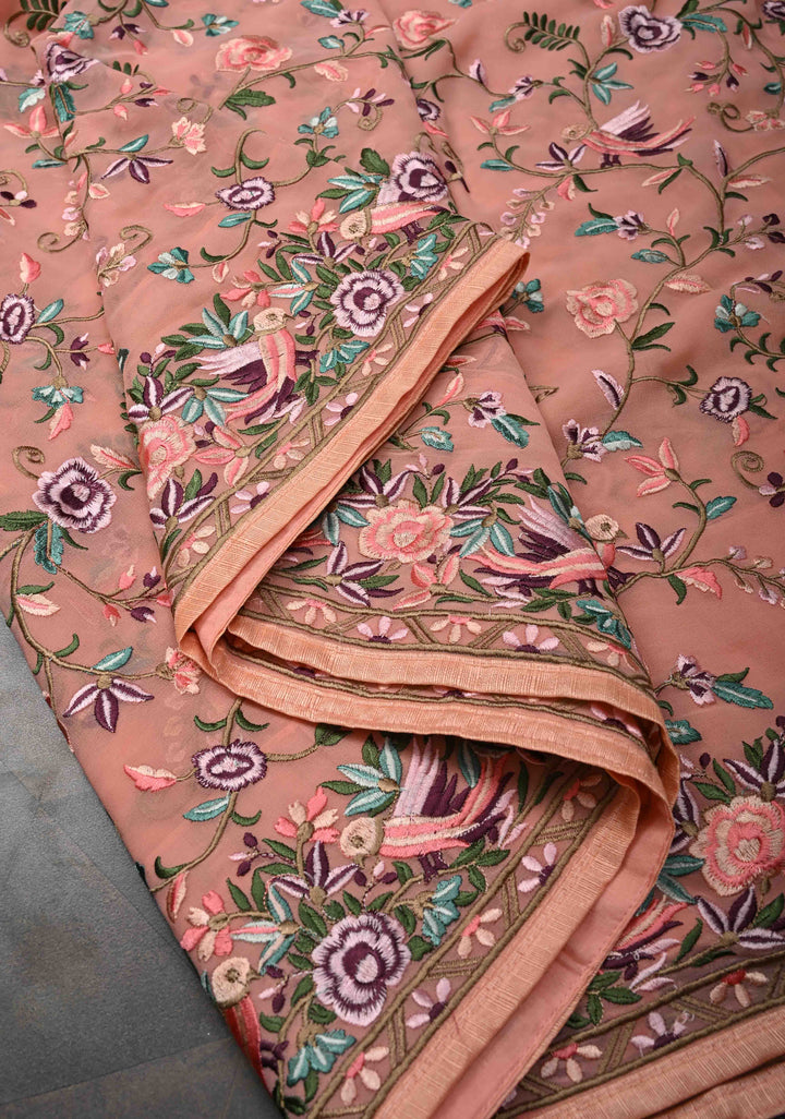 Salmon Pink Parsi Gara Design Machine Embroidery on Georgette Saree