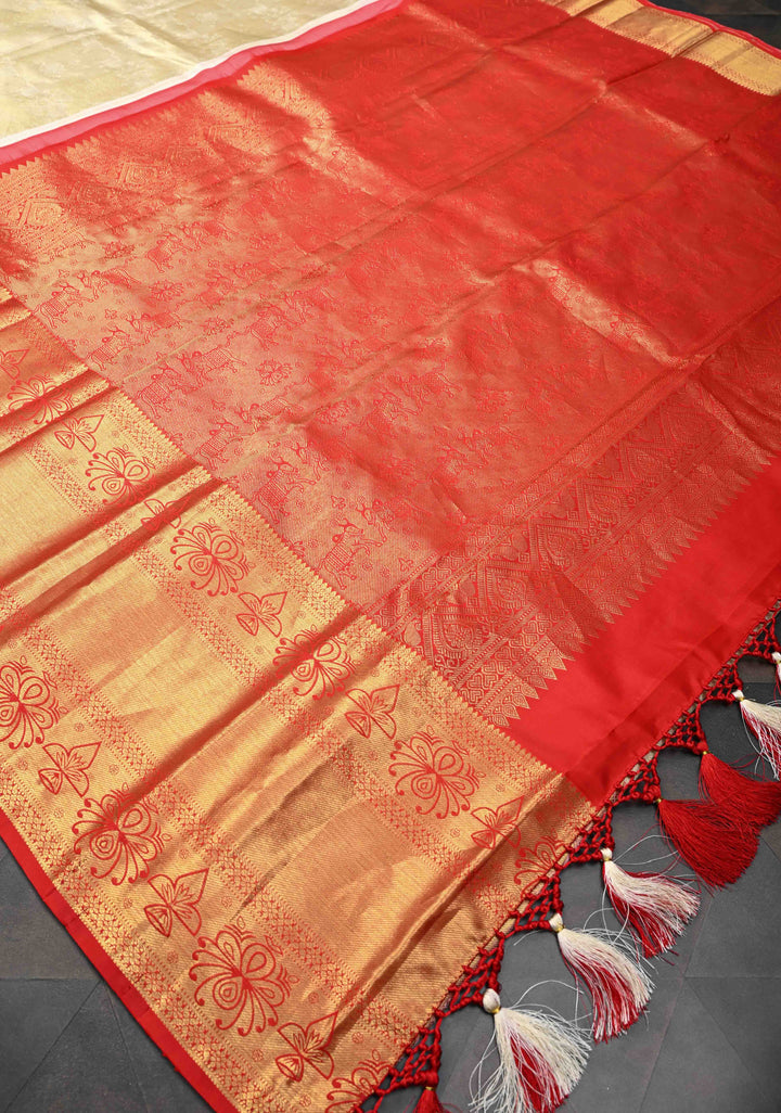 Talambralu Ivory and Red Brocade Kanjivaram Pure Silk Saree with Bull and Deepam Motifs| SILK MARK CERTIFIED