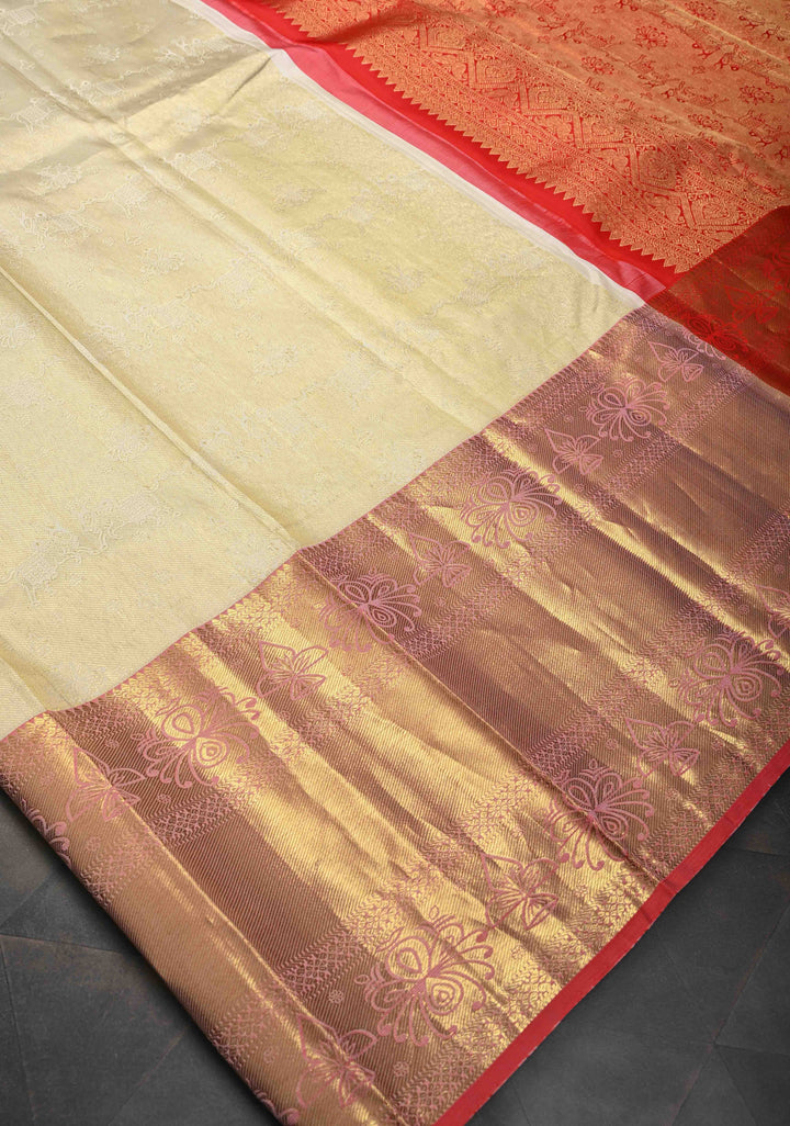 Talambralu Ivory and Red Brocade Kanjivaram Pure Silk Saree with Bull and Deepam Motifs| SILK MARK CERTIFIED