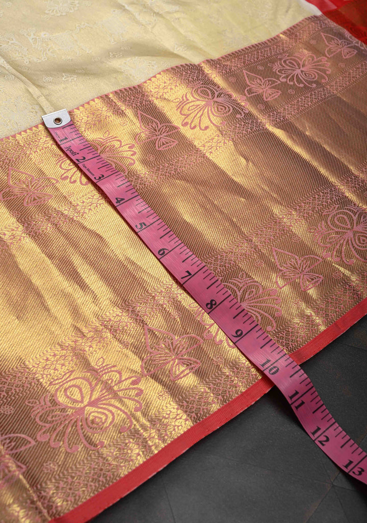 Talambralu Ivory and Red Brocade Kanjivaram Pure Silk Saree with Bull and Deepam Motifs| SILK MARK CERTIFIED