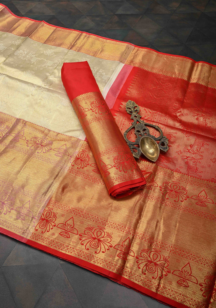 Talambralu Ivory and Red Brocade Kanjivaram Pure Silk Saree with Bull and Deepam Motifs| SILK MARK CERTIFIED