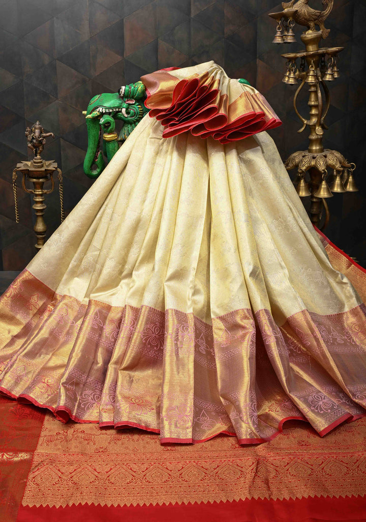 Talambralu Ivory and Red Brocade Kanjivaram Pure Silk Saree with Bull and Deepam Motifs| SILK MARK CERTIFIED