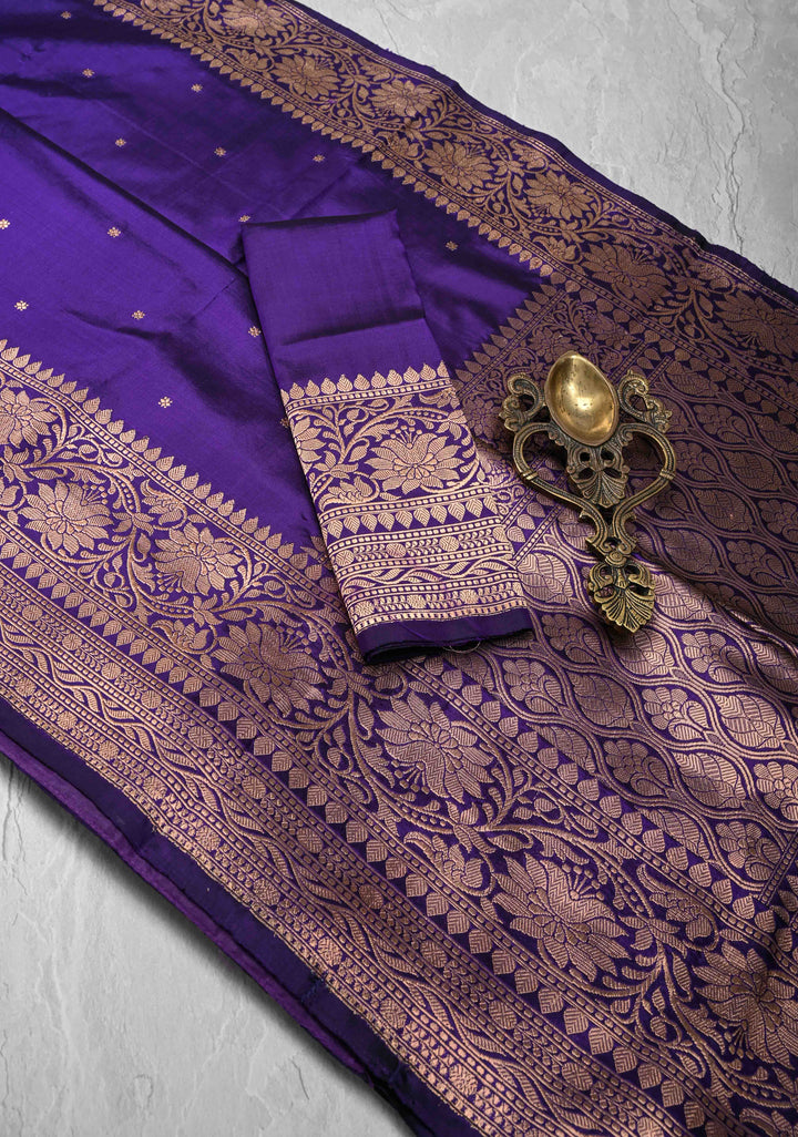Purple Banarasi Katan Silk Saree with Chunri Buttis and Zari Borders| SILK MARK CERTIFIED