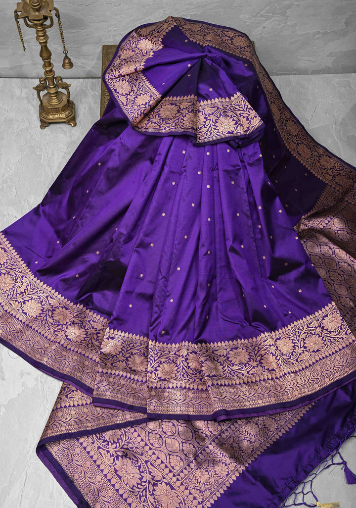 Purple Banarasi Katan Silk Saree with Chunri Buttis and Zari Borders| SILK MARK CERTIFIED