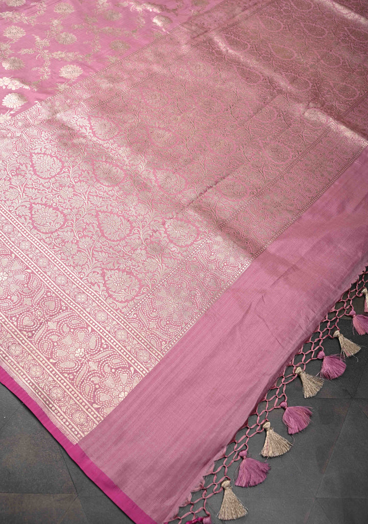 Dull Pink Banarasi Katan Silk Saree With floral jaal  and Zari border| SILK MARK CERTIFIED