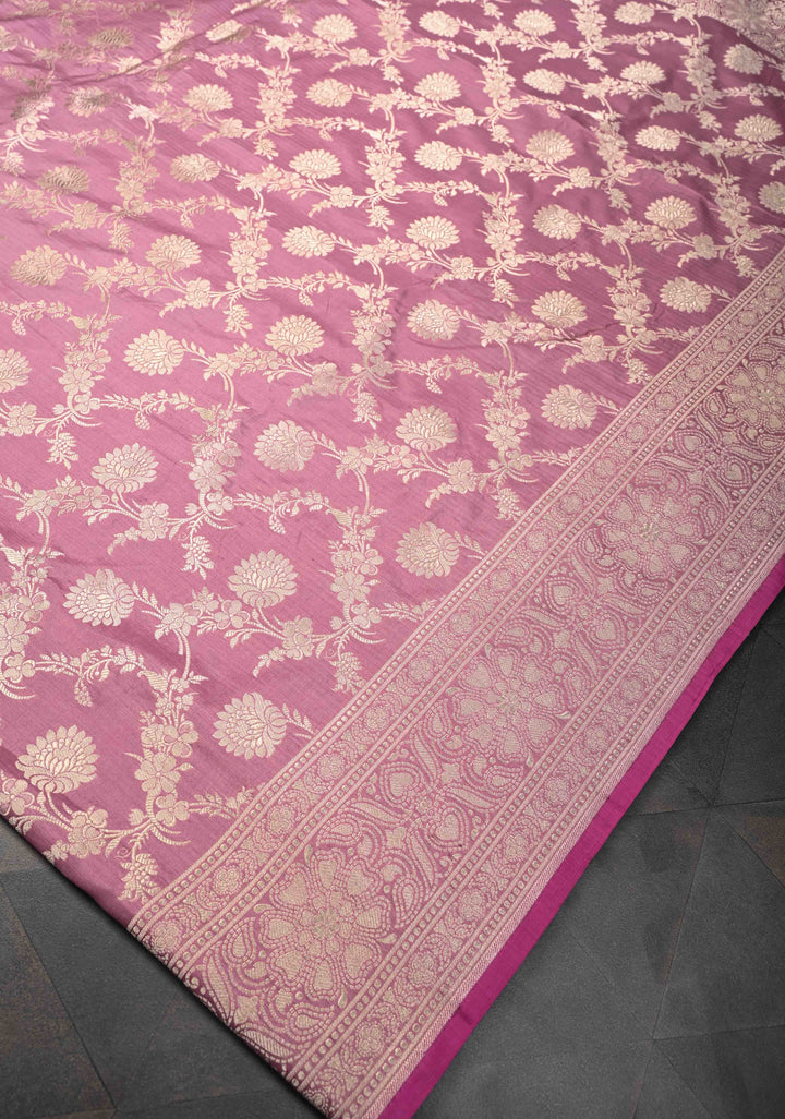 Dull Pink Banarasi Katan Silk Saree With floral jaal  and Zari border| SILK MARK CERTIFIED