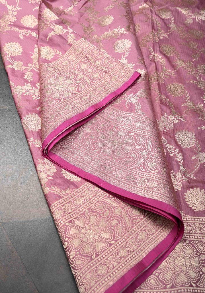 Dull Pink Banarasi Katan Silk Saree With floral jaal  and Zari border| SILK MARK CERTIFIED